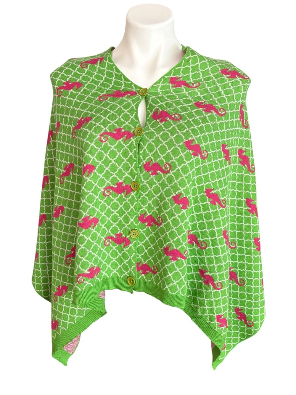 Top It Off Preppy Seahorse Knit Poncho Button Wrap Cape Green Pink OS